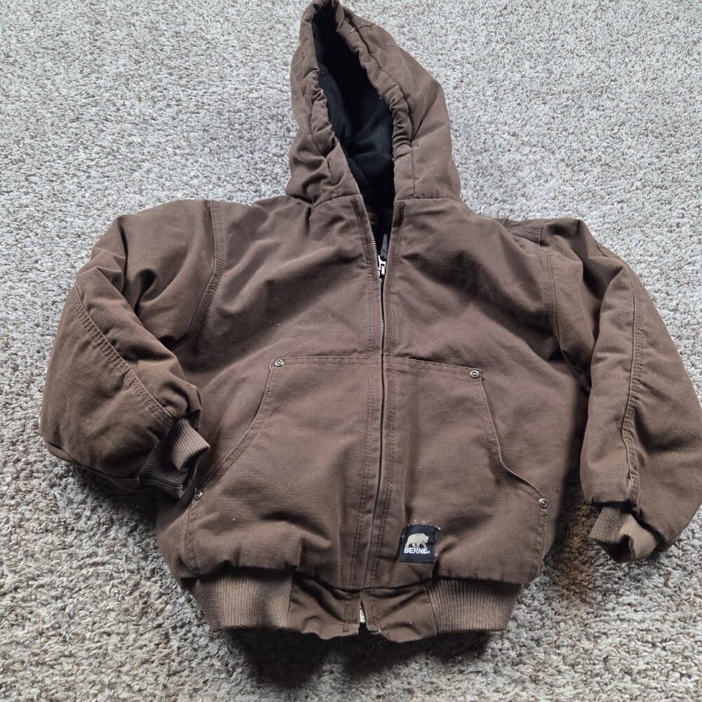 Berne Jacket Youth Small Brown Hooded Lined Zip Tan Work Wear Canvas Farm